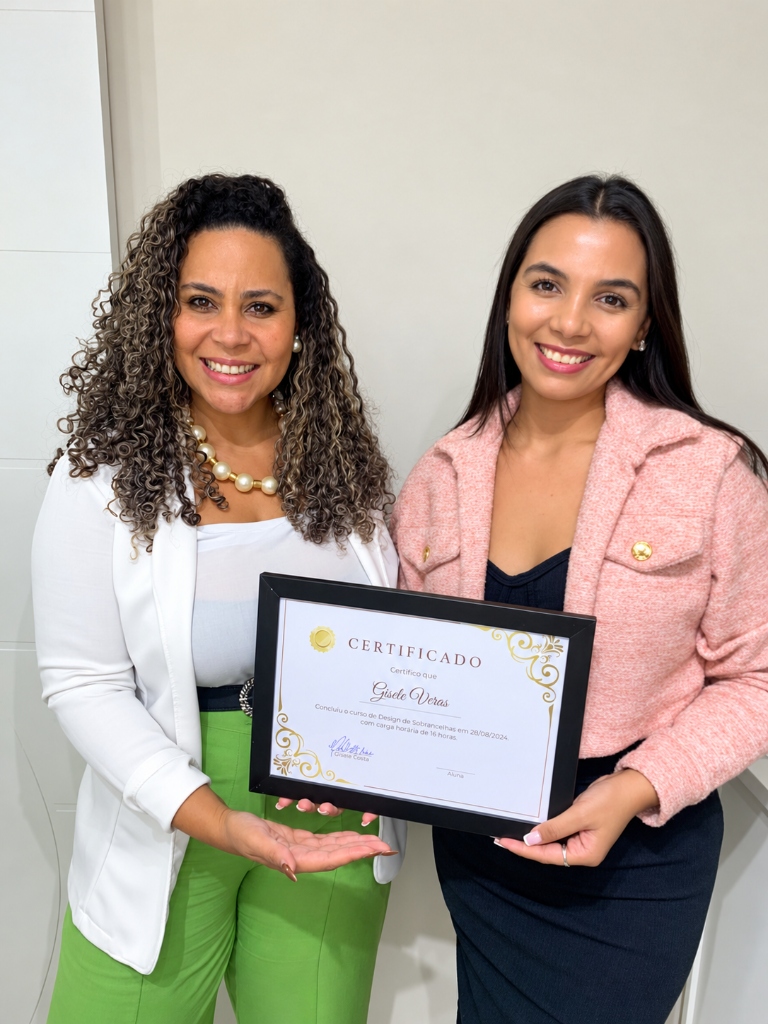 Giselle Costa de blazer branco e calça verde ao lado de aluna de casaco rosa segurando certificado de conclusão