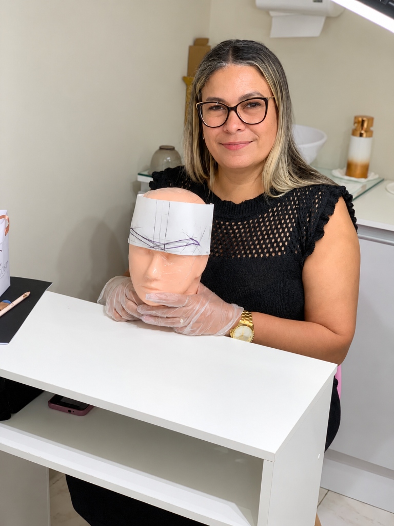 Giselle Costa ensinando alinhamento com manequim de cabeça de treino